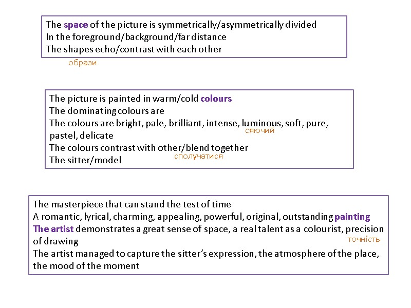 The space of the picture is symmetrically/asymmetrically divided In the foreground/background/far distance The shapes